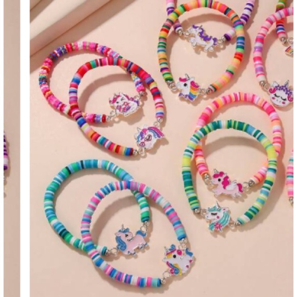Kids Multicolor & Pink Cute Cartoon Unicorn Beaded Bracelet Set of 6